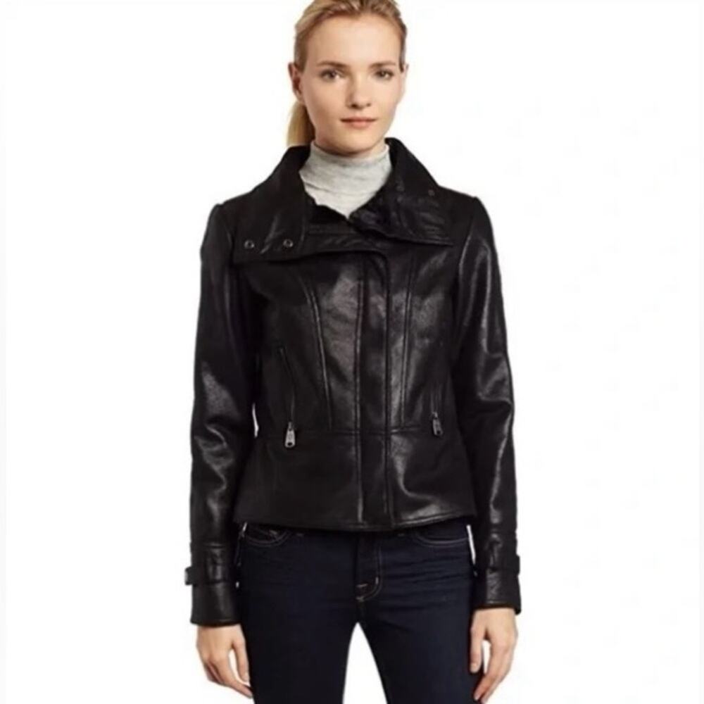 Via Spiga Black Faux Shearling Suede Moto Jacket Cropped Small